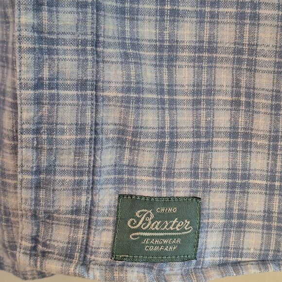 Baxter Brand Natural Clothing Shirt Linen Cotton Blend Blue Plaid L Band Collar - Picture 13 of 15